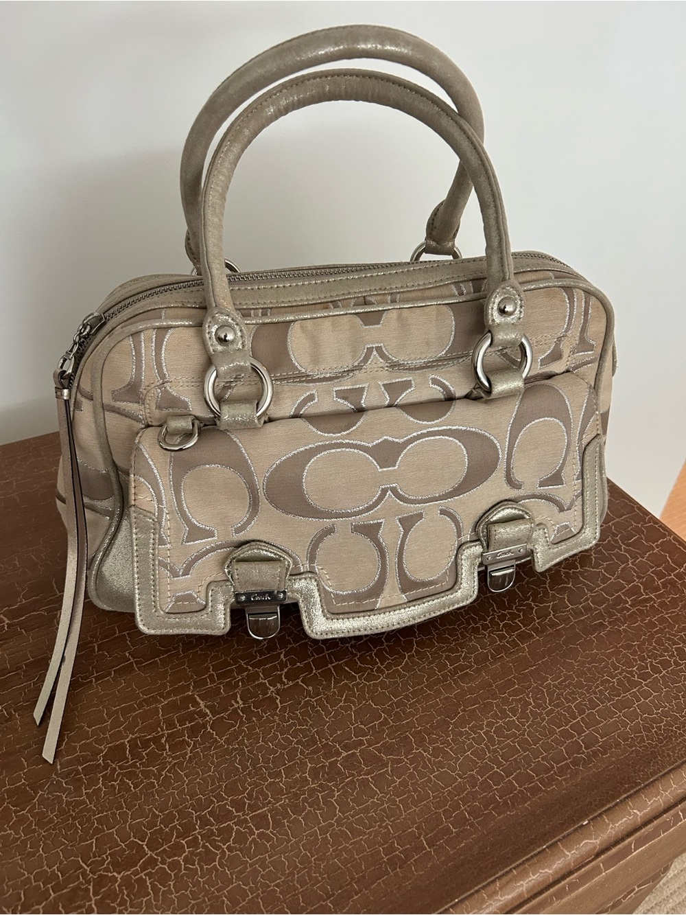Coach Taupe Signature Canvas Satchel with Metallic Trim